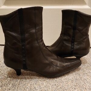 Authentic Prada Milano Kitten Heeled Leather Ankle Boots | Brown | US 7